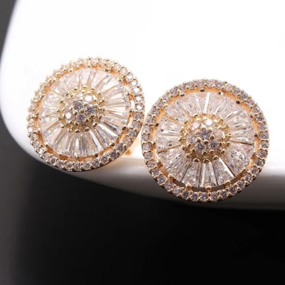 Luxury Cubic Zircon Stud Earrings Women CZ Jewelry Gold Plated Color Round - Picture 7 of 8